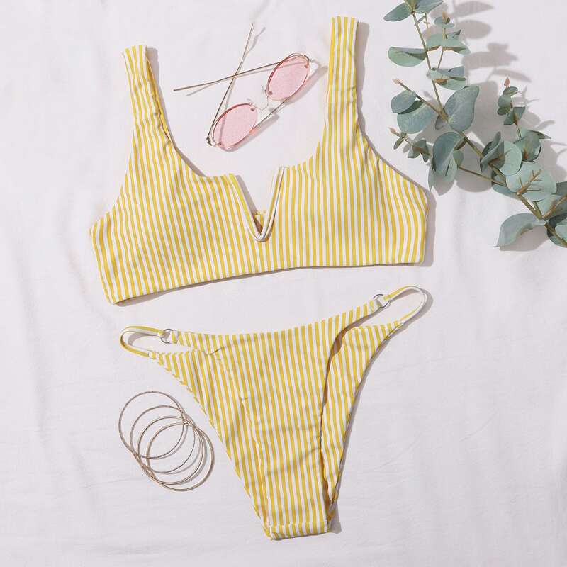 

Striped V Wired Tanga Bikini Swimsuit, Yellow