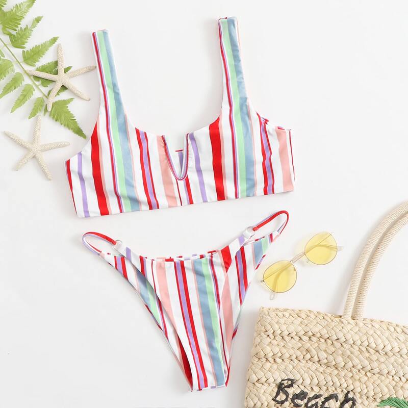 

Striped V-Wired Bikini Swimsuit, Multicolor