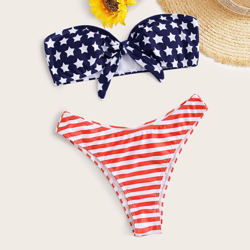 

American Flag Bandeau High Cut Bikini Swimsuit, Multicolor