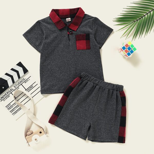 

Toddler Boys Contrast Plaid Polo Shirt & Shorts, Dark grey