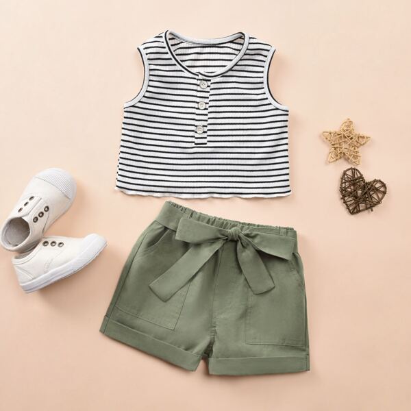 

Toddler Girls Lettuce Trim Striped Tank Top With Belted Shorts, Multicolor