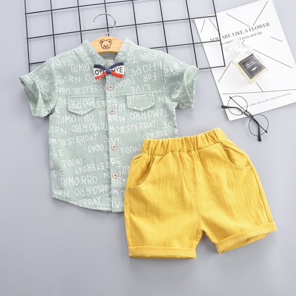 

Toddler Boys Letter Graphic Bow Tie Shirt With Shorts, Multicolor