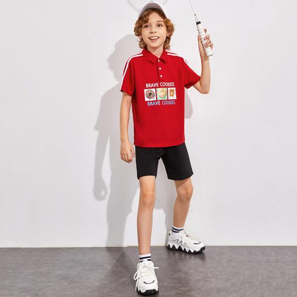 

Boys Side Striped Sleeve Letter and Cartoon Graphic Polo Shirt, Red