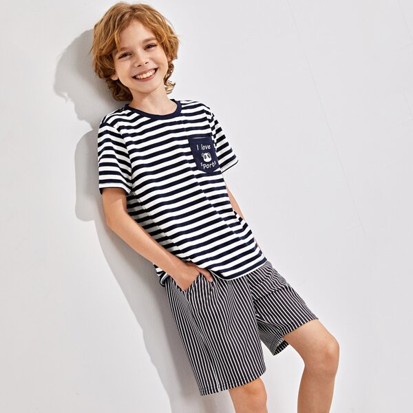 

Boys Pocket Front Striped Top & Patched Detail Shorts Set, Multicolor