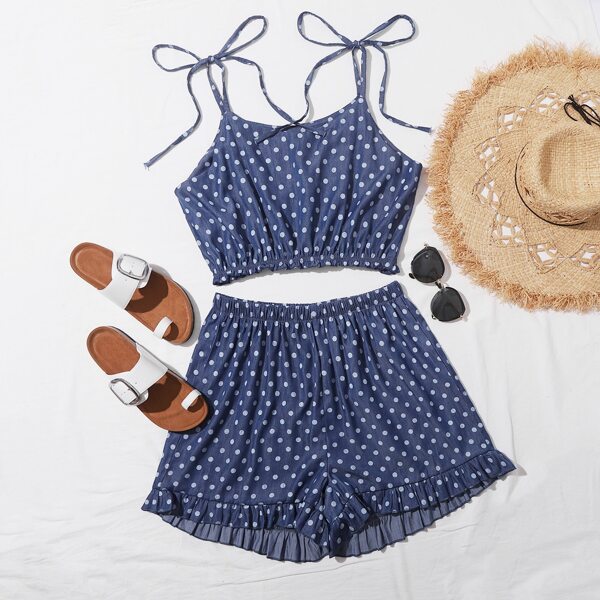 

Plus Size Denim Polka Dot Knotted Cami Top & Shorts, Dark wash