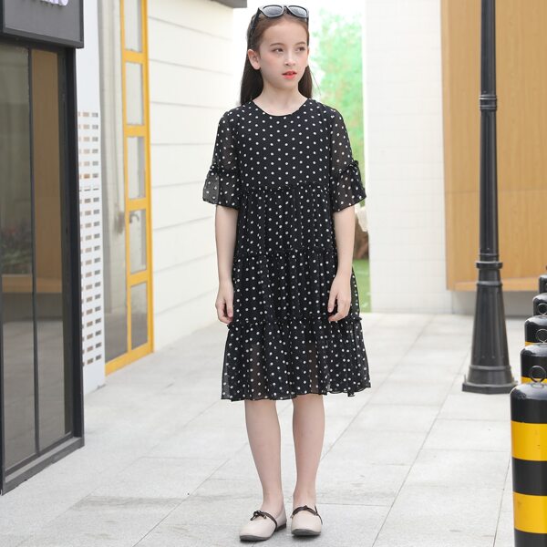 

Girls Polka Dot Print Layered Frilled Smock Dress, Black