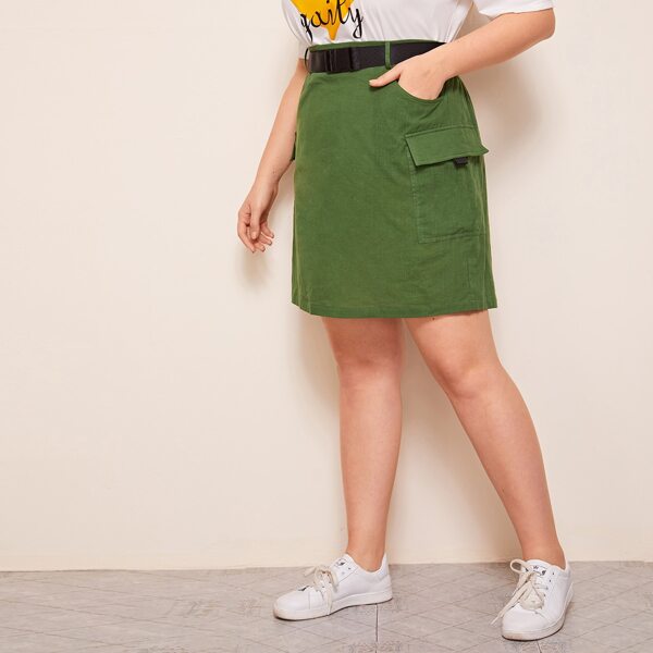 

Plus Flap Pocket Push Buckle Belted Skirt, Green