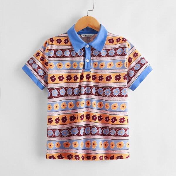 

Boys Floral Print Ringer Polo Shirt, Multicolor