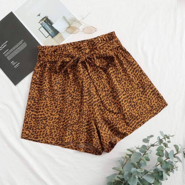 

Plus Paperbag Waist Belted Leopard Shorts, Brown