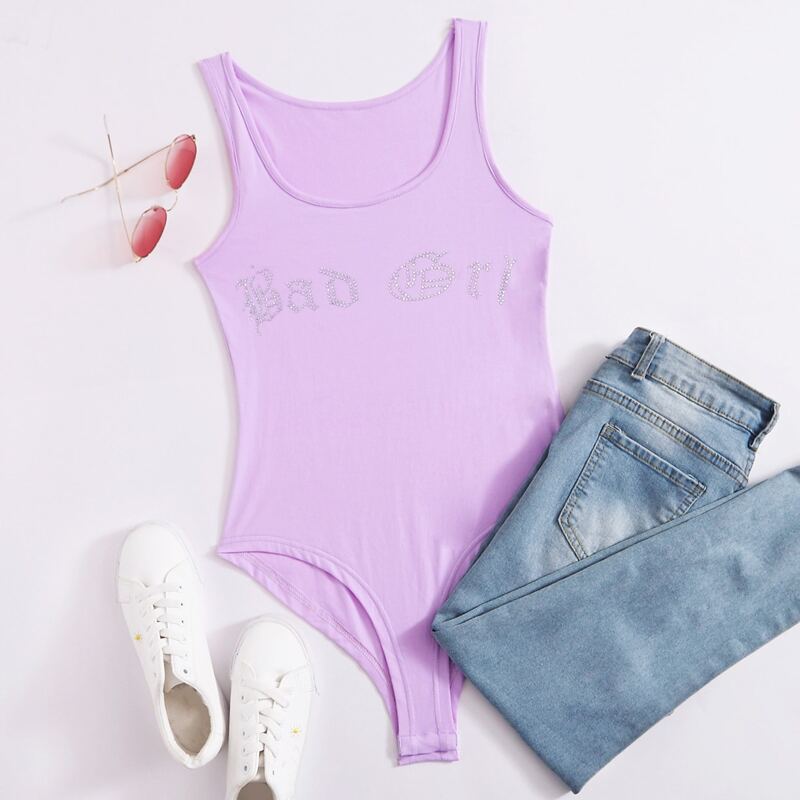 

Rhinestone Purple Tank Bodysuit, Lilac purple