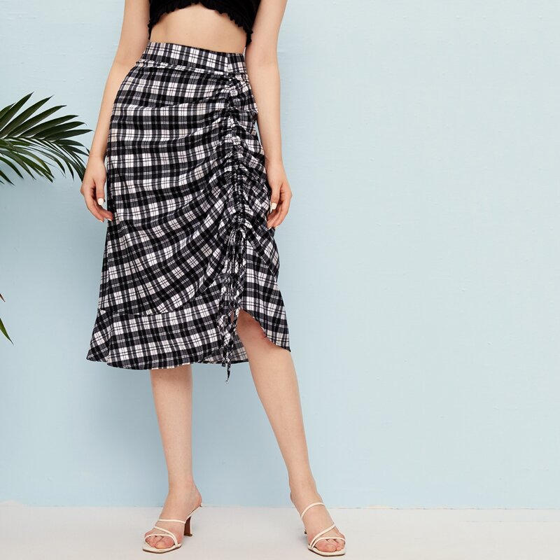 

Plaid Drawstring Skirt, Black and white