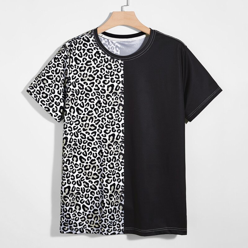 

Guys Leopard Colorblock Tee, Black and white