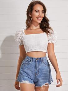 Soleia Áo sơ mi viền lá sen màu trơn trắng Boho - trắng - Xem 2