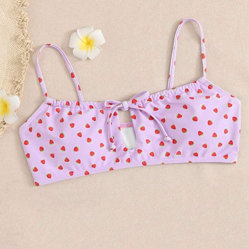 

Strawberry Print Tie Front Bikini Top, Lilac purple