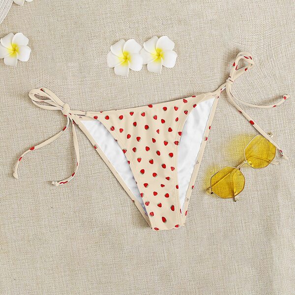 

Strawberry Print Tie Side Bikini Panty, Beige
