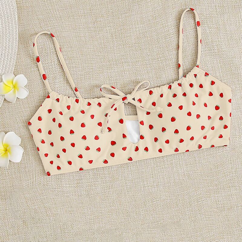 

Strawberry Print Tie Front Bikini Top, Beige