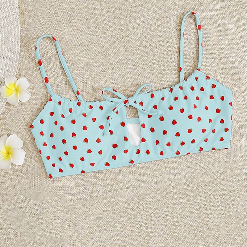 

Strawberry Print Tie Front Bikini Top, Baby blue