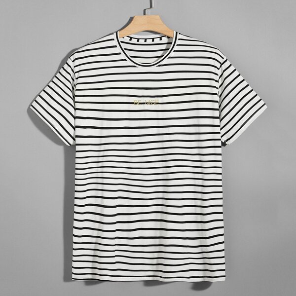 

Men Slogan Embroidery Stripe Tee, Black and white