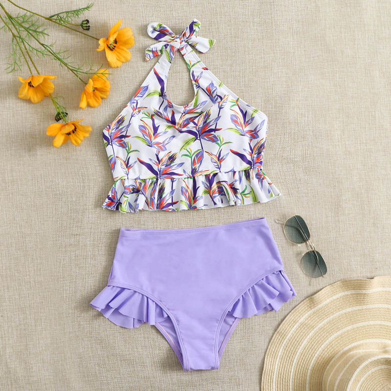 

Floral Ruffle Trim Halter Bikini Swimsuit, Multicolor