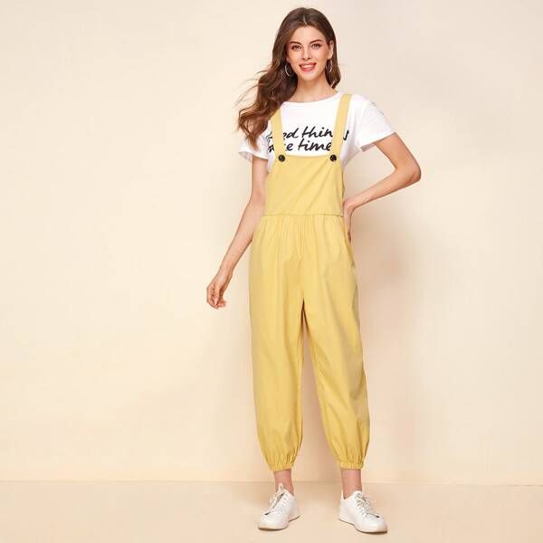 

Solid Button Front Overall Jumpsuit, Yellow