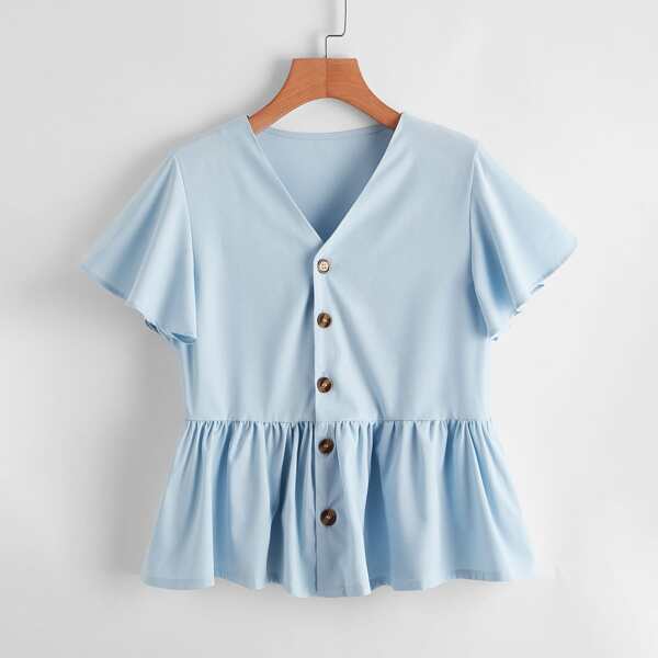 

Butterfly Sleeve Button-Front Peplum Top, Baby blue