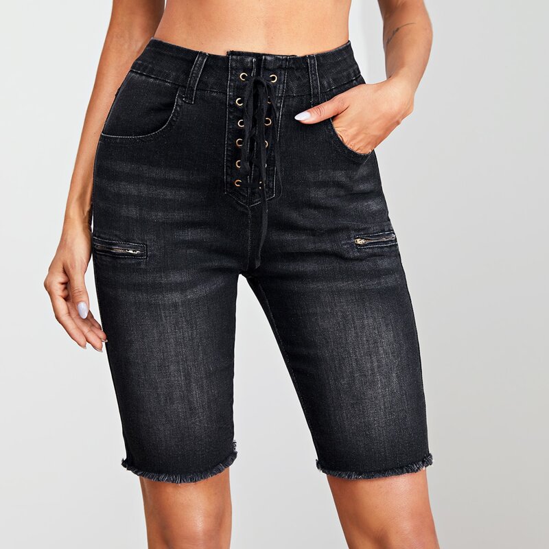 

Raw Hem Lace Up Skinny Denim Shorts, Black