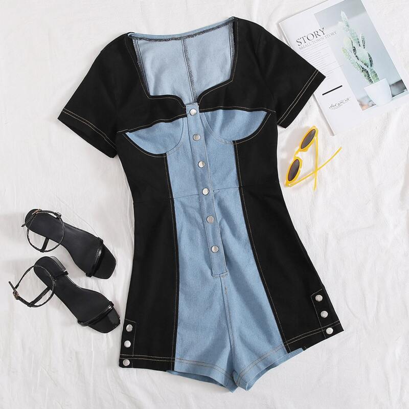 

Button Front Color Block Denim Romper, Multicolor