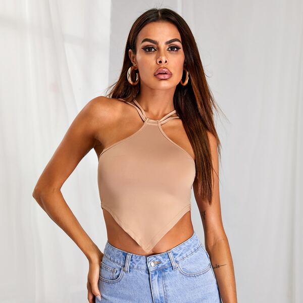 

Crisscross Hanky Hem Halter Top, Apricot