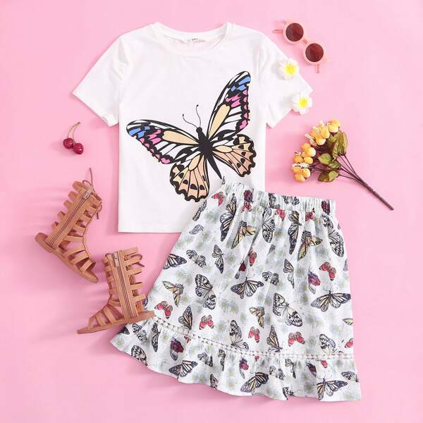 

Girls Butterfly Print Top & Lace Insert Skirt Set, White