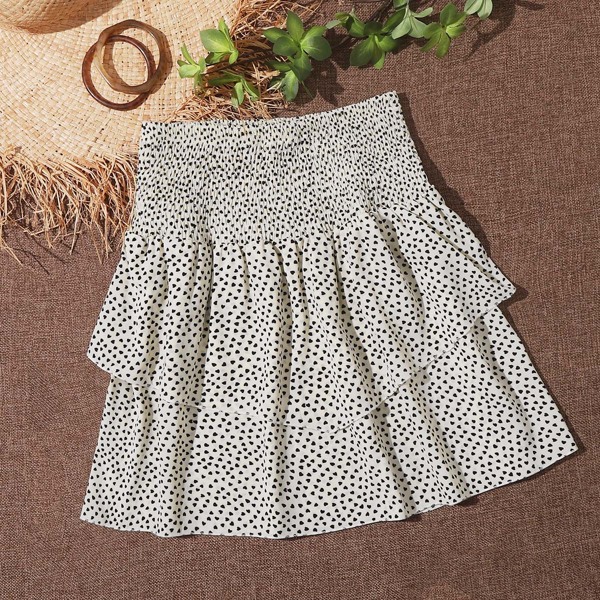 

Shirred Waist Heart Print Layered Skirt, Beige