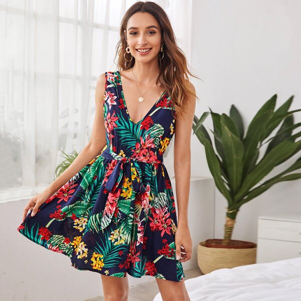 

Low Back Belted Tropical Dress, Multicolor