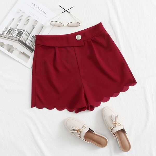

Button Front Scallop Edge Shorts, Burgundy