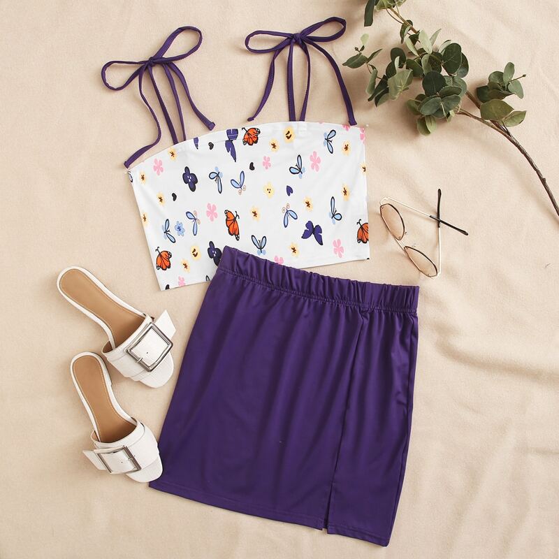 

Tie Shoulder Butterfly Print Cami Top & Skirt, Multicolor
