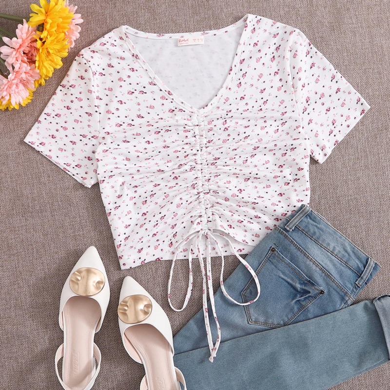 

Ditsy Floral Drawstring Tee, White