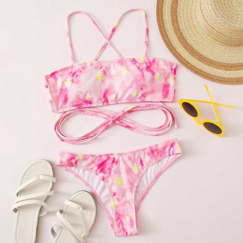 

Floral Tie Dye Rib Crisscross Bikini Swimsuit, Baby pink