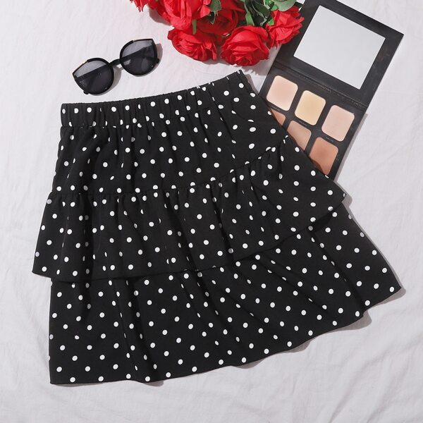 

Layered Hem Polka Dot Print Skirt, Black