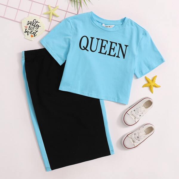 

Girls Letter Graphic Top & Colorblock Skirt Set, Multicolor