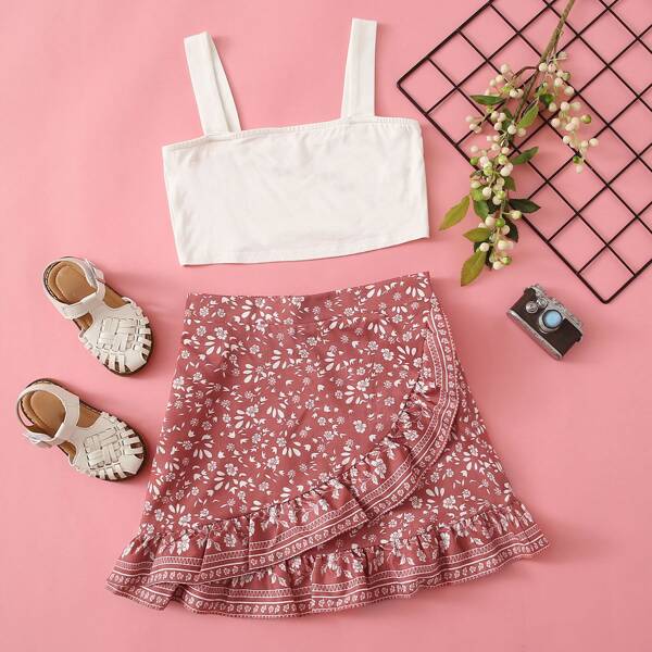 

Girls Solid Cami Top & Wrap Ruffle Hem Tribal Skirt Set, Multicolor