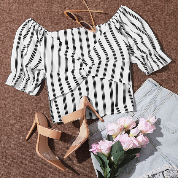

Shirred Back Twist Striped Top, White