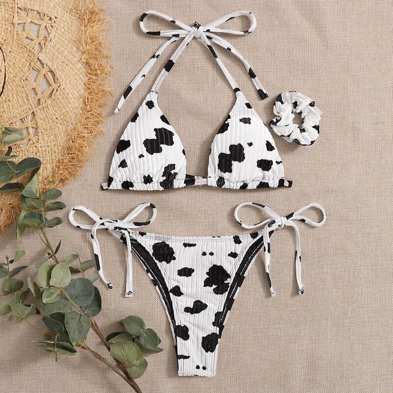 

Cow Print Velvet Tie Side Bikini Swimsuit & Scrunchie, Black and white