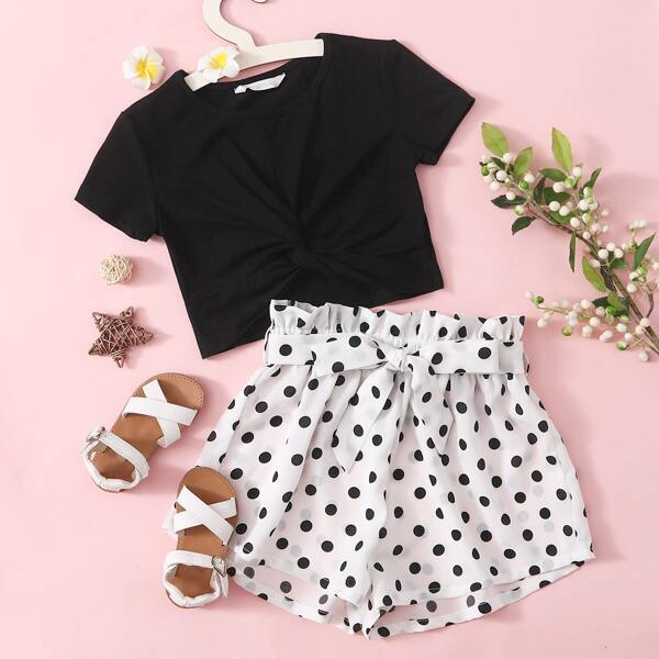 

Girls Twist Front Tee and Paperbag Waist Shorts Set, Black and white