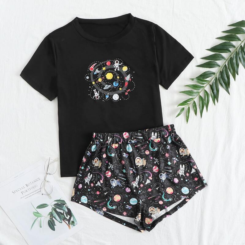 

Cartoon & Galaxy Print PJ Set, Black