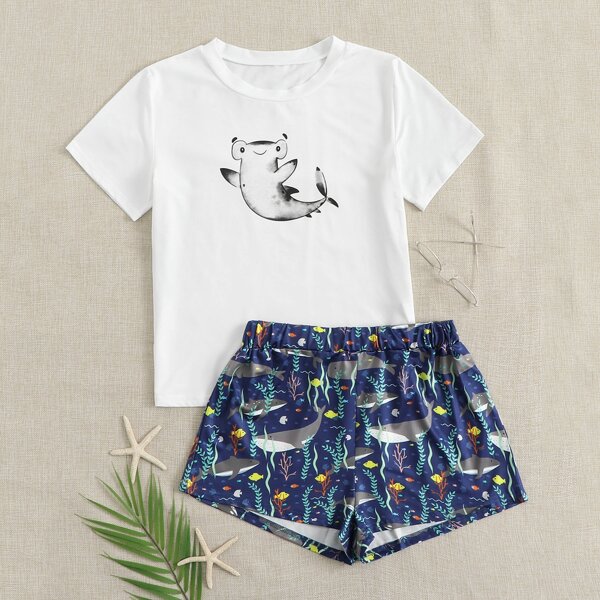 

Cartoon Fish & Plants Print PJ Set, Multicolor