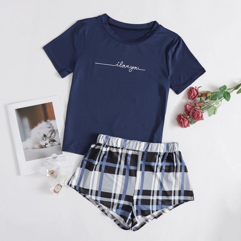 

Slogan Graphic Tee With Plaid Shorts PJ Set, Multicolor