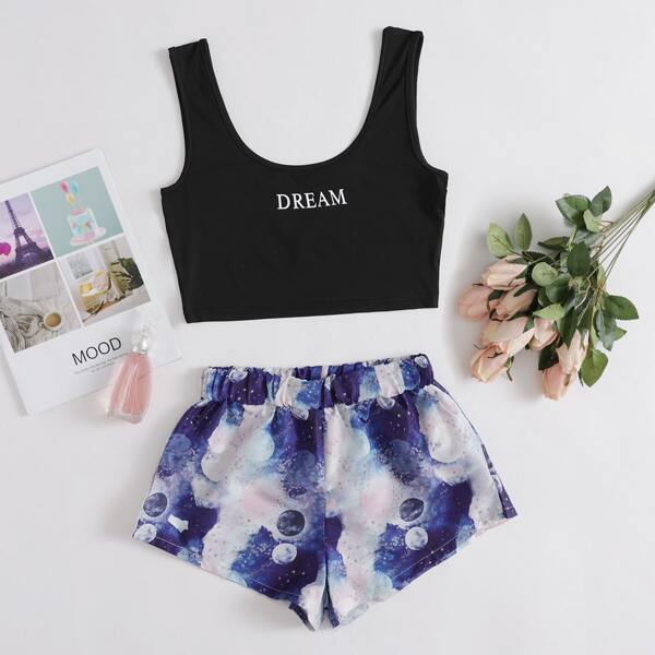 

Letter Graphic Tank Top With Galaxy Print Shorts PJ Set, Multicolor