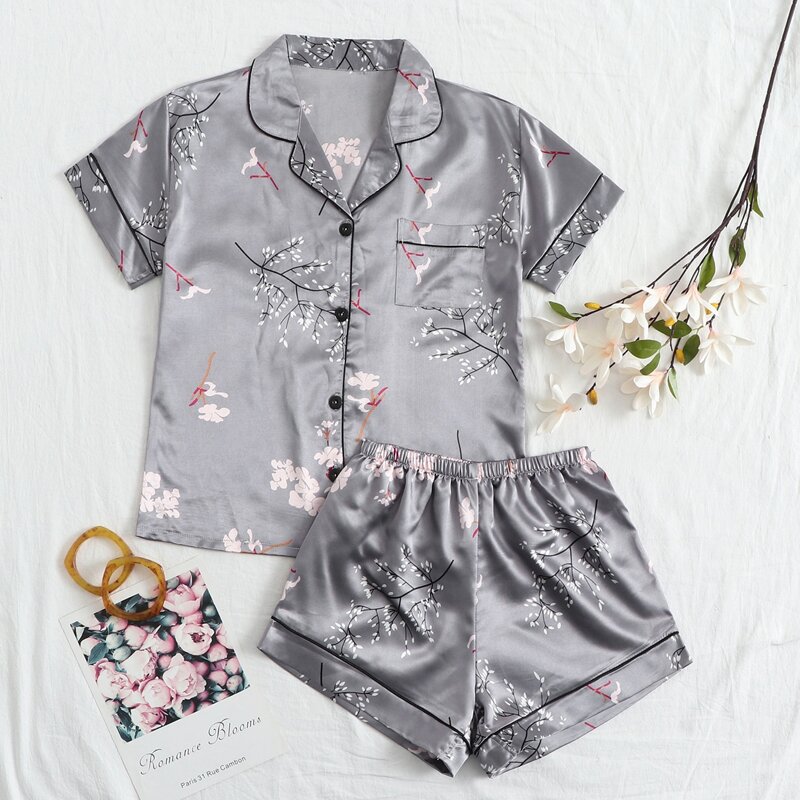 

Floral & Plants Satin Night Set, Grey