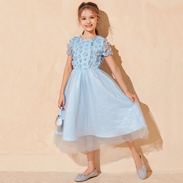 

Girls 3D Applique Bodice Mesh Overlay Dress, Baby blue