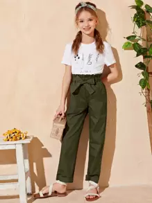 SHEIN 少女植物印花上衣配鬆緊褲頭腰帶套裝 - 軍綠色 - 查看 1