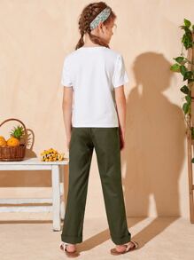 SHEIN 少女植物印花上衣配鬆緊褲頭腰帶套裝 - 軍綠色 - 查看 2