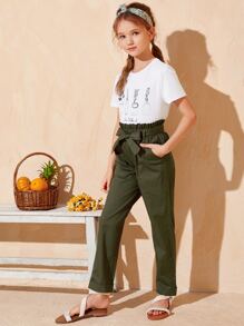 SHEIN 少女植物印花上衣配鬆緊褲頭腰帶套裝 - 軍綠色 - 查看 3